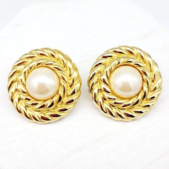Vintage Givenchy Faux Pearl Button Earrings Post Back Polished Gold Tone Couture - Picture 1 of 6